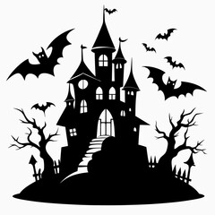 spooky castle with bats vector,Halloween illustration with castle and bats,