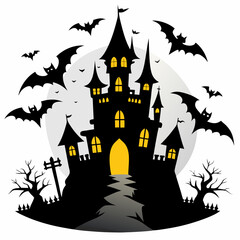 spooky castle with bats vector,Halloween illustration with castle and bats,