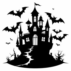 spooky castle with bats vector,Halloween illustration with castle and bats,