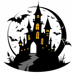 spooky castle with bats vector,Halloween illustration with castle and bats,
