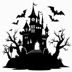 spooky castle with bats vector,Halloween illustration with castle and bats,