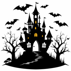 spooky castle with bats vector,Halloween illustration with castle and bats,