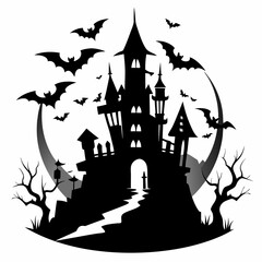 spooky castle with bats vector,Halloween illustration with castle and bats,