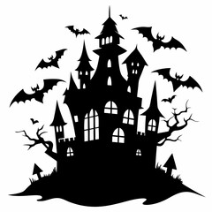spooky castle with bats vector,Halloween illustration with castle and bats,