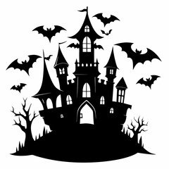 spooky castle with bats vector,Halloween illustration with castle and bats,