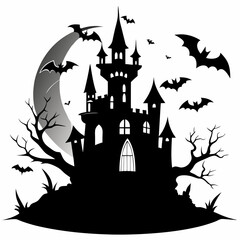 spooky castle with bats vector,Halloween illustration with castle and bats,