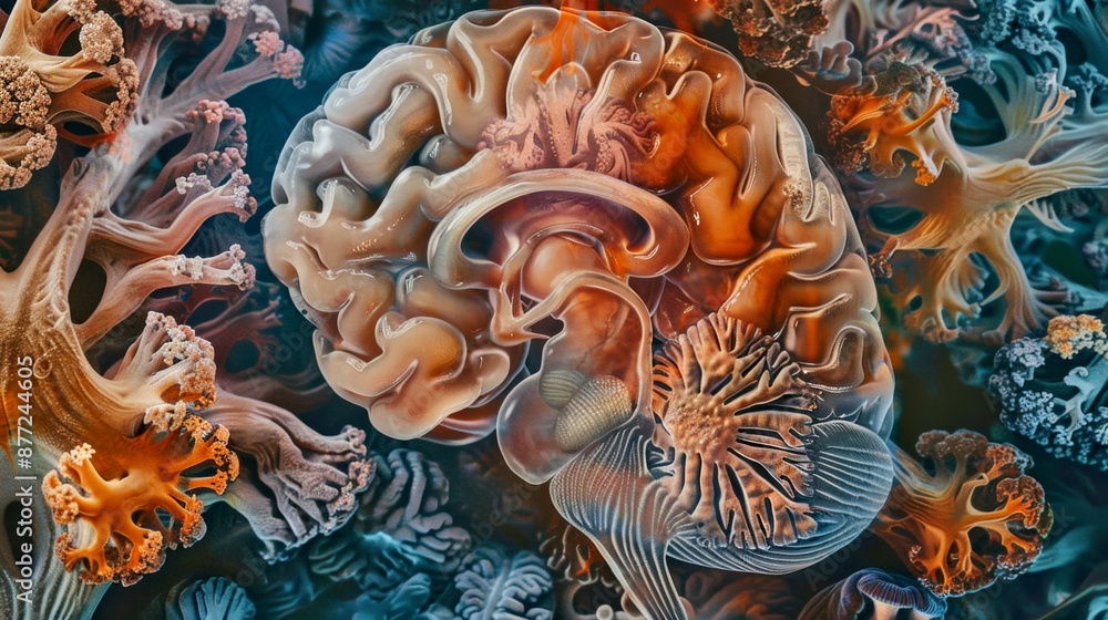 Aufkleber abstract ai-generated image depicting a brain surrounded by intricate patterns and colors. the style