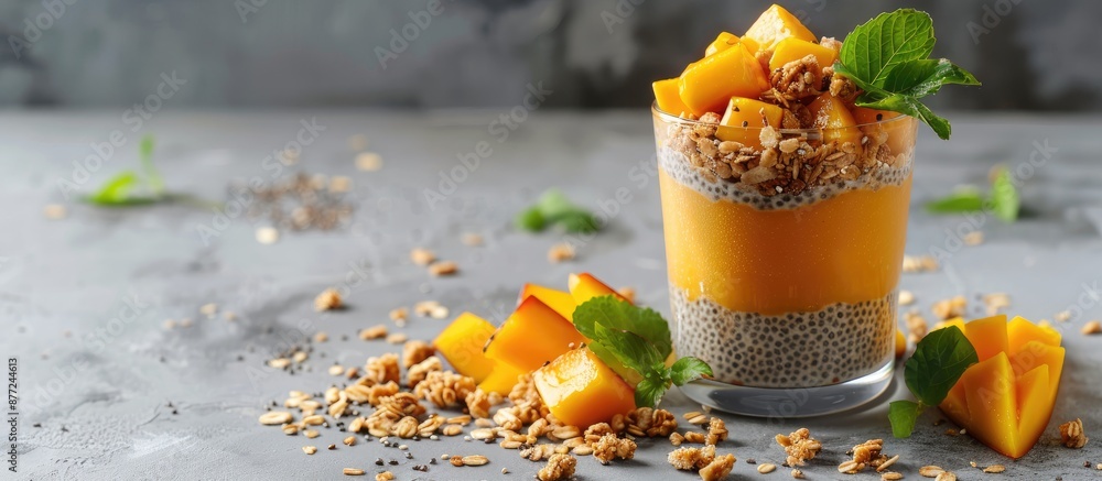 Poster chia seed pudding adorned with mango and granola in a glass ideal for breakfast it s a vegan superfo
