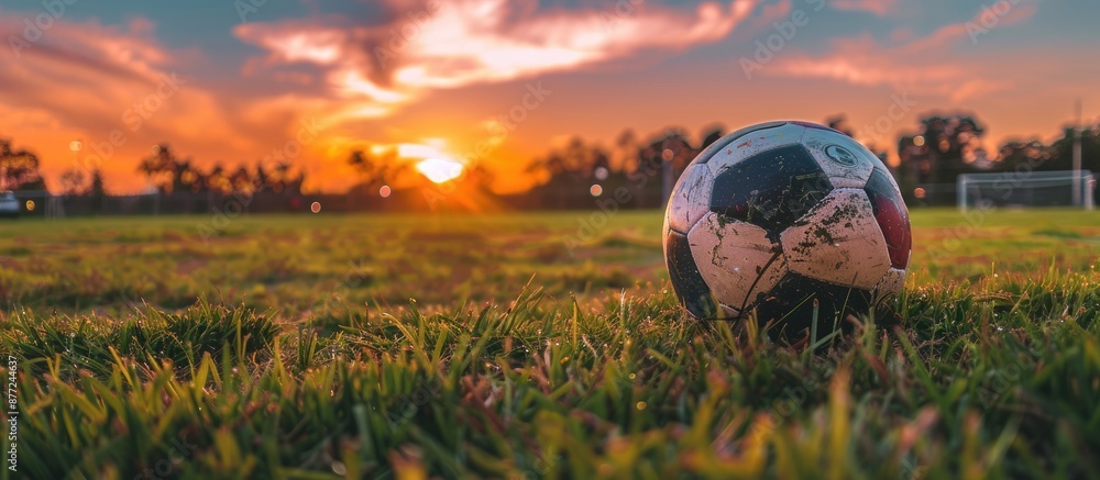 Aufkleber View from the ground of a soccer ball on the grass with a field in the background featuring copy space image