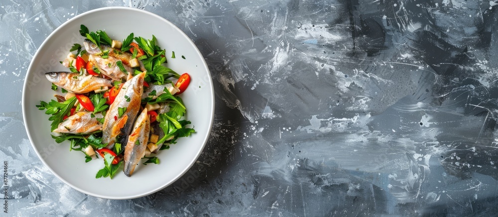 Leinwandbilder a white dish with a top view of spicy canned sardine salad featuring herbs with a clear area for tex