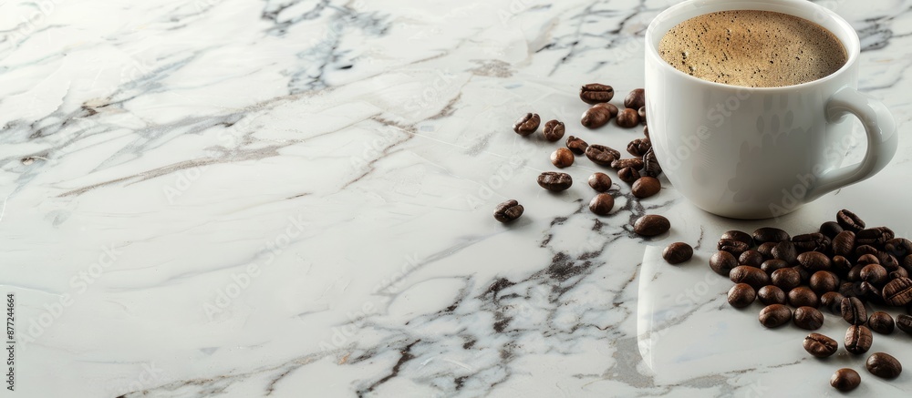 Poster coffee cup and beans on marble surface with copy space image