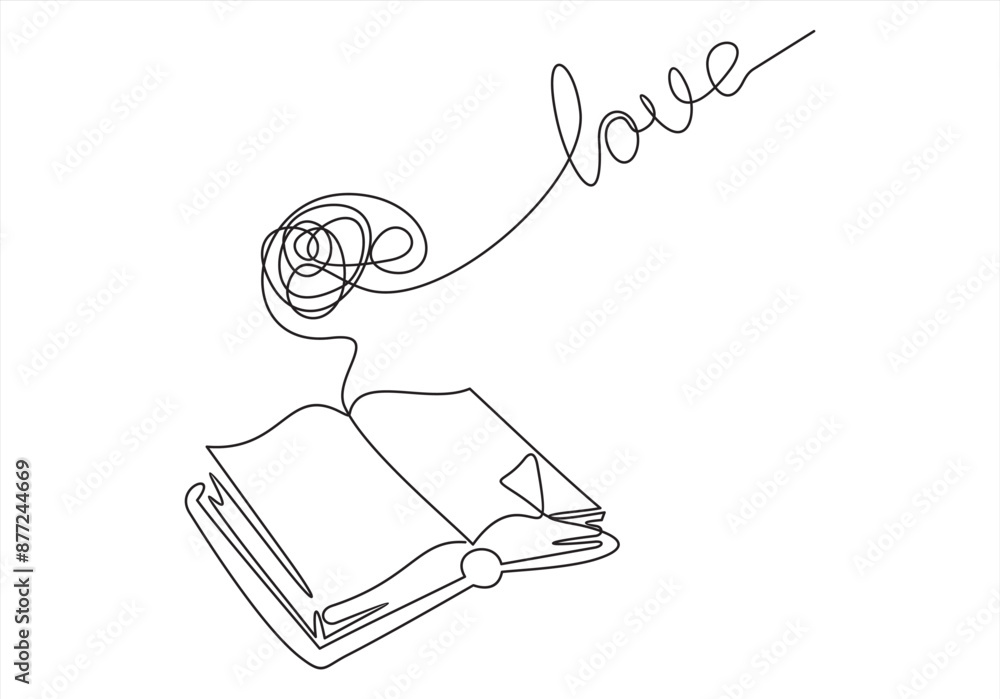 Poster open book in continuous line art drawing style. education and knowledge symbol. black linear design 