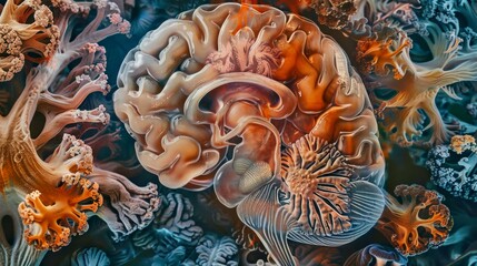 Abstract AI-generated image depicting a brain surrounded by intricate patterns and colors. The style is surreal, making it perfect for creative, scientific, or educational purposes. AI