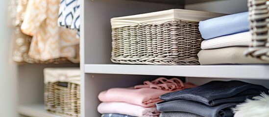 Create a tidy small apartment by organizing storage with grey baskets in the closet using minimalist techniques incorporating a selective approach to boxes and a minimalist wardrobe design for declut