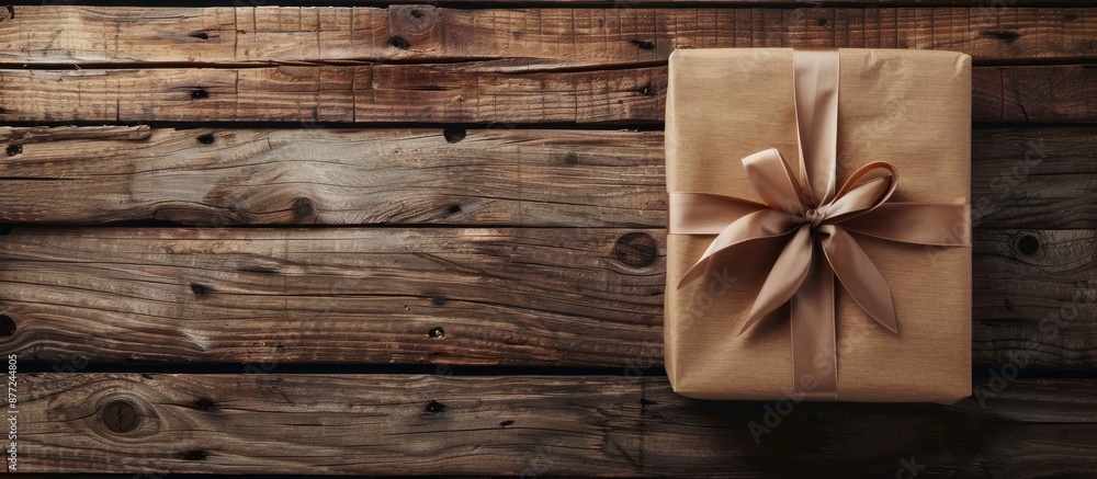 Poster gift wrapped in simple brown paper with a ribbon and bow set against a backdrop of weathered wooden 