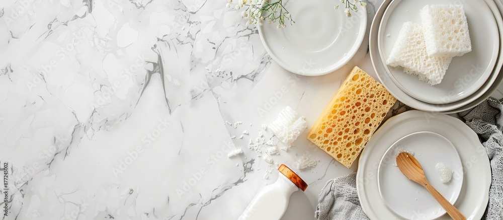 Poster top down view of a kitchen layout featuring plates sponges and dish soap on a clean white surface wi