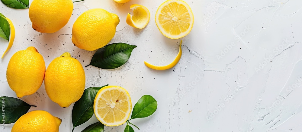 Fototapete top view of whole and halved lemons with leaves on a white surface with a clear area suitable for a 