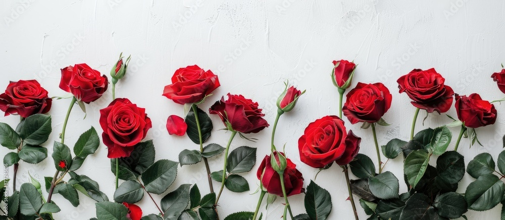 Poster Red roses displayed on a white backdrop with copy space image