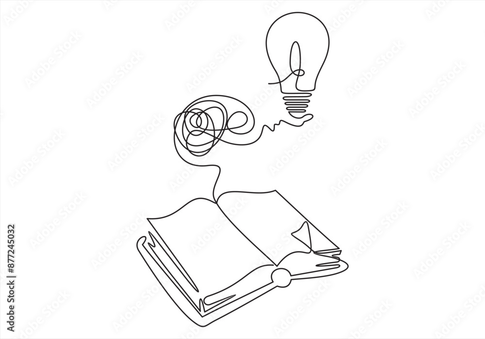 Aufkleber light bulb above book continuous one line art drawing. line drawing open book with lamp idea symbol.