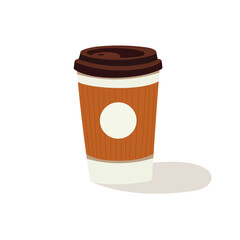 A minimalist flat-style illustration of a to-go coffee cup on a white background. The cup features a simple design with a lid and a brown sleeve, emphasizing a clean and modern aesthetic.