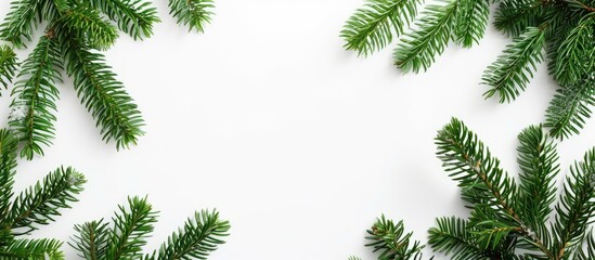 Naklejka premium A Christmas border frame made from real fir branches on a white background with space available for text in the image. with copy space image. Place for adding text or design