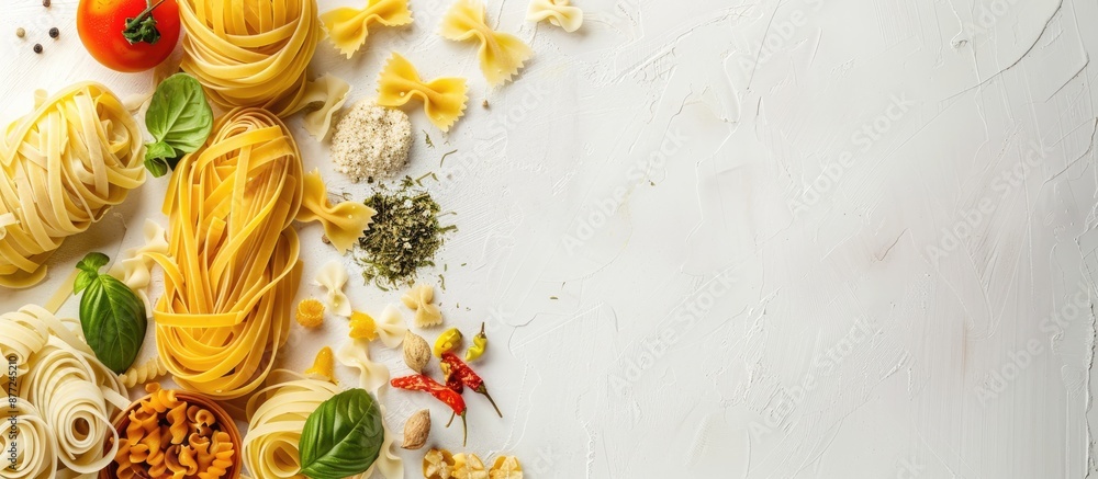Poster various types of italian pasta displayed in a flatlay banner shot from above on a white background w