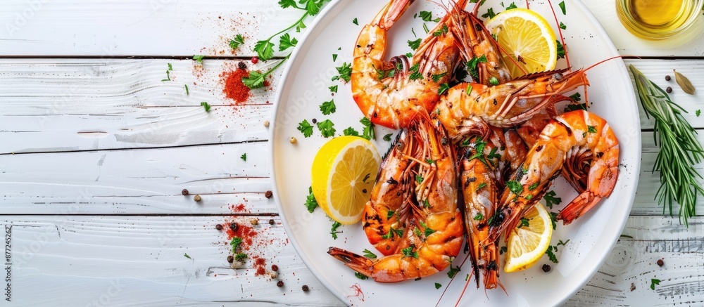 Poster top view of a banner displaying grilled large tiger prawns on a white plate with spices lemon and fr