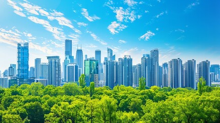 Fototapeta premium Modern Business Cityscape with Eco-Friendly Architecture and Green Spaces Under a Clear Blue Sky