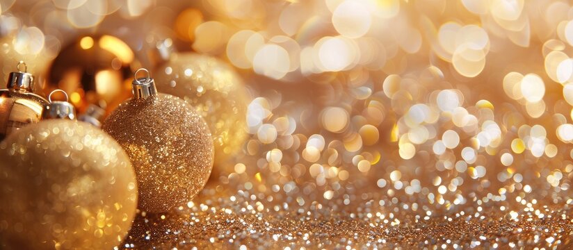 Golden glitter forms the backdrop for Christmas ornaments providing ample copy space for customization