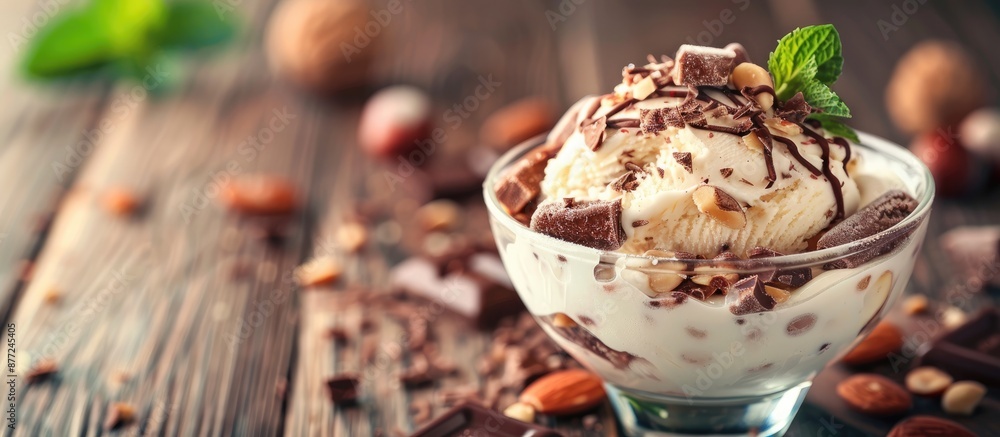 Aufkleber Close up of a glass bowl filled with ice cream dessert topped with chocolate and nuts on a wooden background with bokeh creating space for additional images