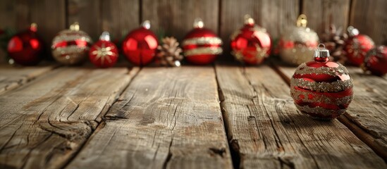 Vintage Christmas ornaments displayed against a wooden backdrop with selective focus offering abundant copy space for images