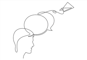 Head with speech bubble. Airplane sign. Plane symbol. Travel icon. Continuous one line drawing 