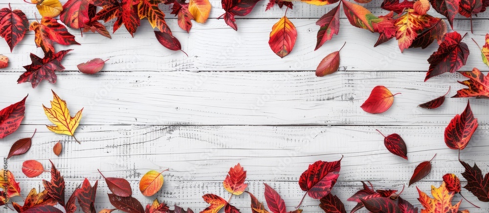 Aufkleber Beautiful rustic autumn background or web banner featuring a top view of a border made of red and yellow autumn leaves on a white wooden surface providing copy space for text
