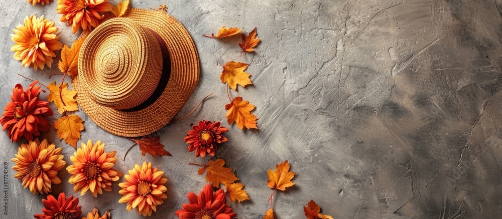 Poster chrysanthemum flowers and a wicker hat on a textured grey table with ample space for text image