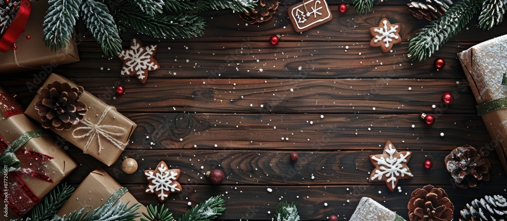 Poster top view of a christmas themed wooden backdrop featuring a snow dusted fir tree gingerbread cookies 
