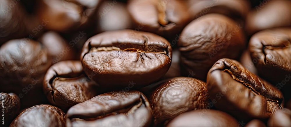 Poster close up macro image of roasted coffee beans with copy space