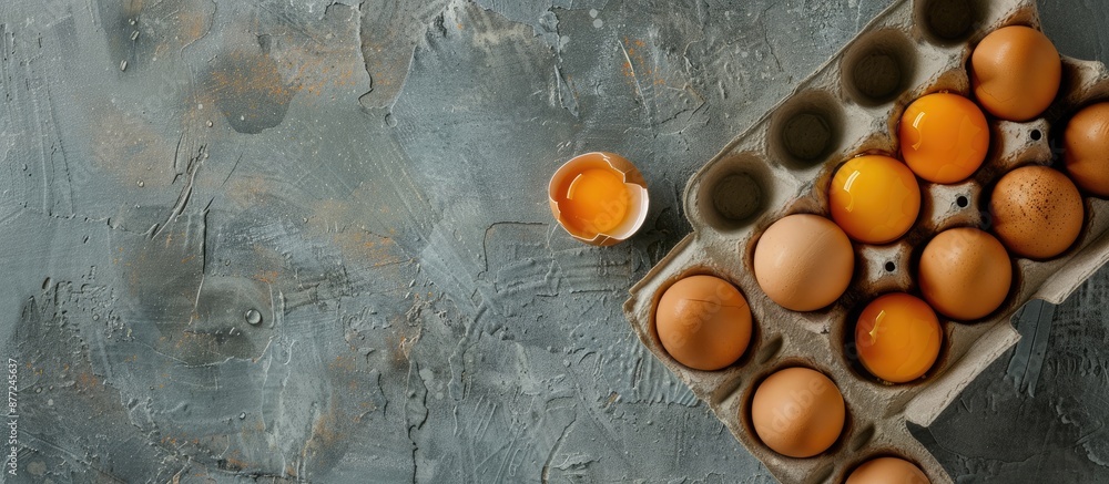 Aufkleber top view of raw broken egg and hen eggs in an egg carton with copy space image