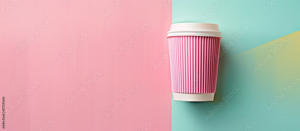 Aufkleber a pink paper coffee cup on a pastel background with copy space symbolizing a morning wake up concept