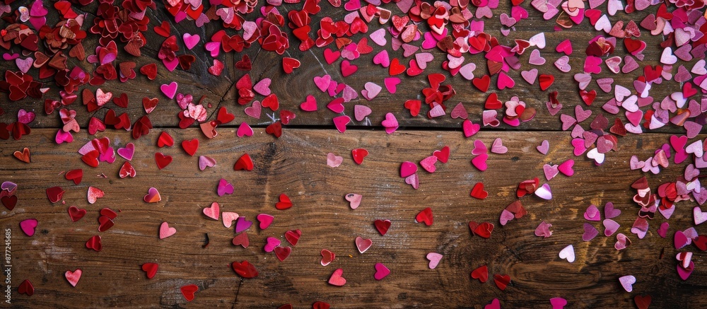 Poster heart shaped pink and red confetti arranged on a brown wooden backdrop creating a valentine s day th