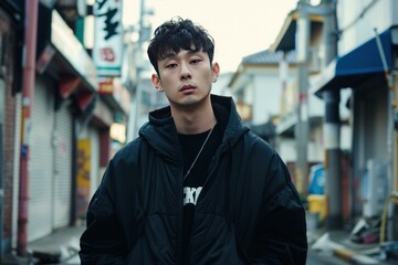 Confident young asian male model posing in trendy. Urban streetwear with a sleek and stylish metropolitan backdrop