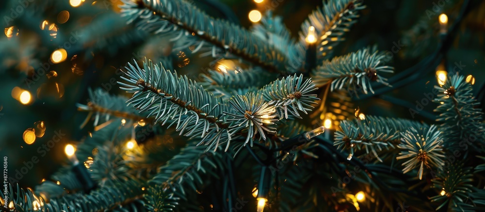 Poster close up image of christmas tree branches with lights ideal for copy space