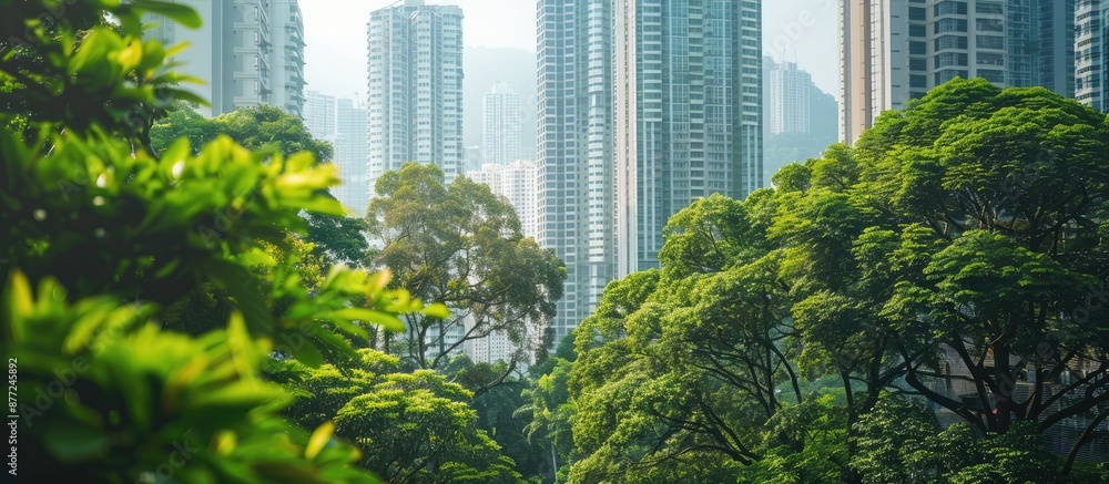 Poster lush green trees contrasting with modern cityscape buildings in a copy space image