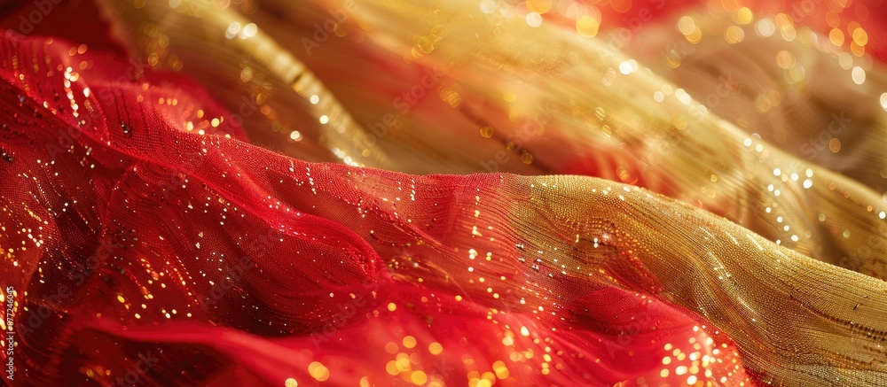 Aufkleber abstract background of red and gold fabric texture on woman s clothing in a close up shot with selec
