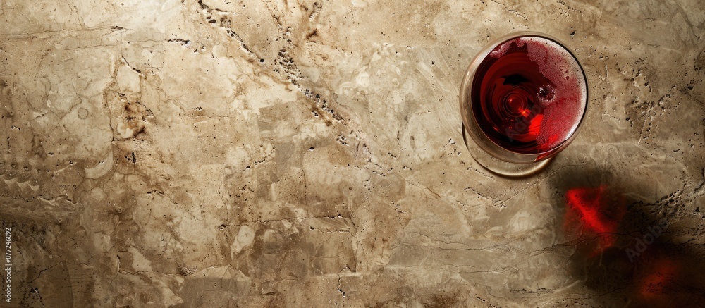 Poster Top view of a red wine glass on a stone table with room for text in the image. with copy space image. Place for adding text or design