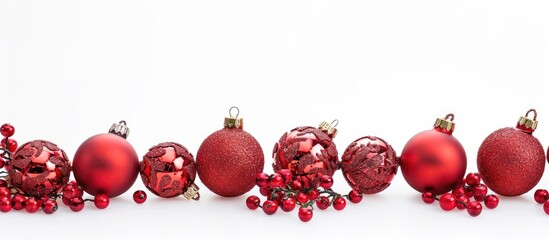 A Christmas themed border set against a white backdrop adorned with red Christmas balls perfect as a copy space image