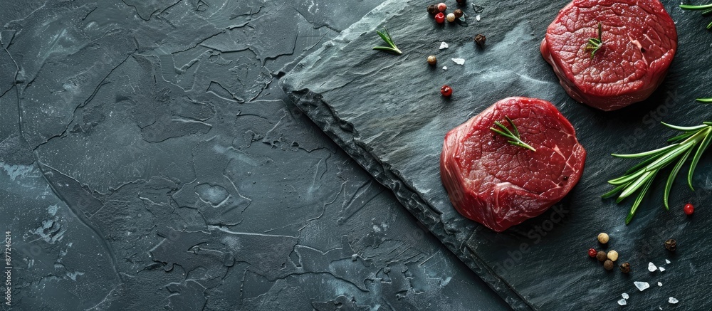 Aufkleber Beef fillet prepared for sous vide showcased on a gray stone backdrop with room for text alongside the image. with copy space image. Place for adding text or design