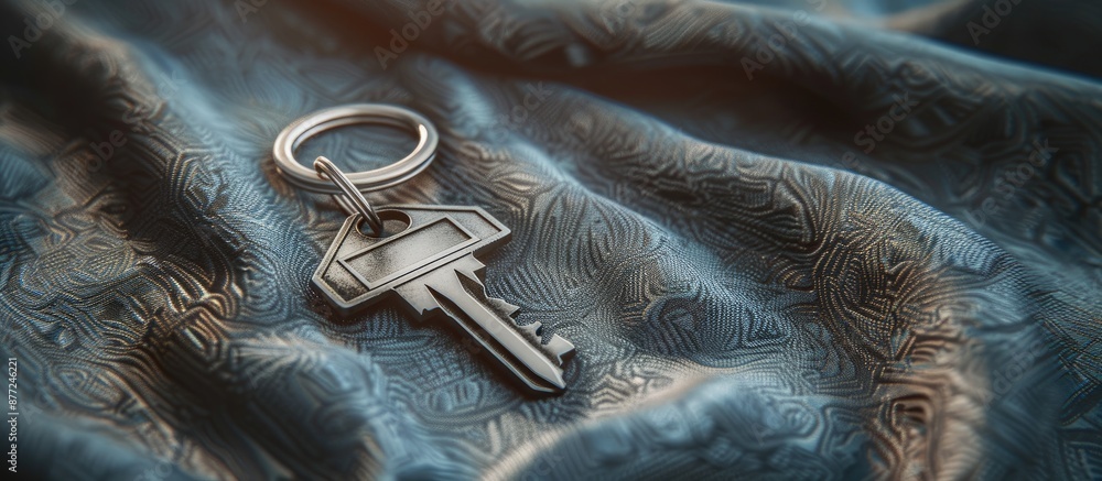 Aufkleber A keychain shaped like a house key rests on fabric creating a fitting copy space image for real estate themes like mortgage moving or renting