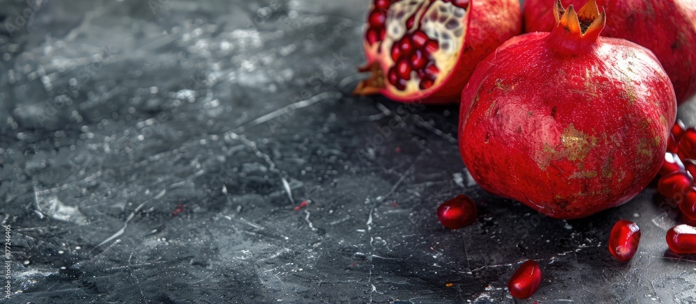 Fototapete Close up of a ripe pomegranate on a dark marble background with space for text highlighting its health benefits and use in grenadine. with copy space image. Place for adding text or design