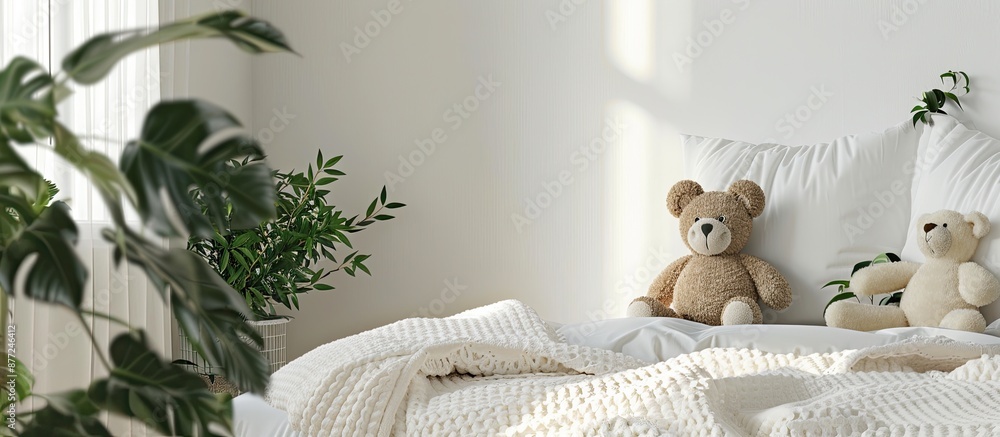 Poster Real photo of a plush toy resting on a child s bed alongside plants in a white bedroom setting with a blank space for an image. with copy space image. Place for adding text or design