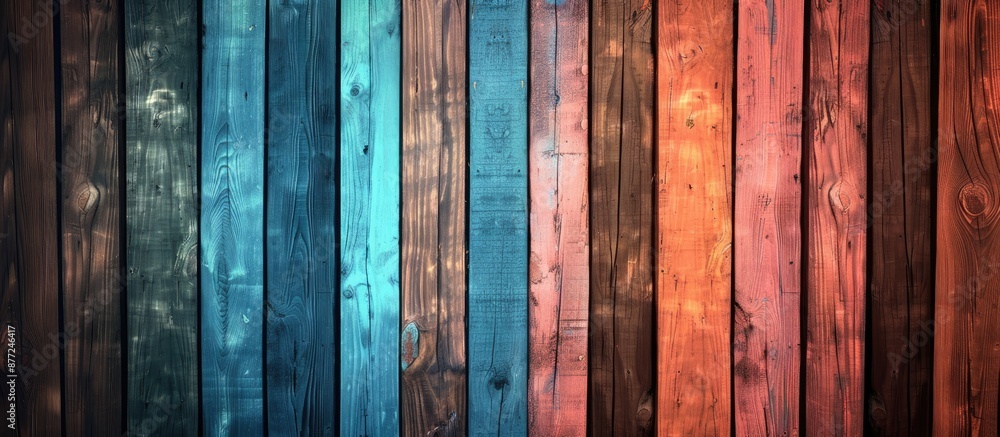 Poster Colorful wooden wall with a soft focus texture of old planks can serve as a background for a copy space image